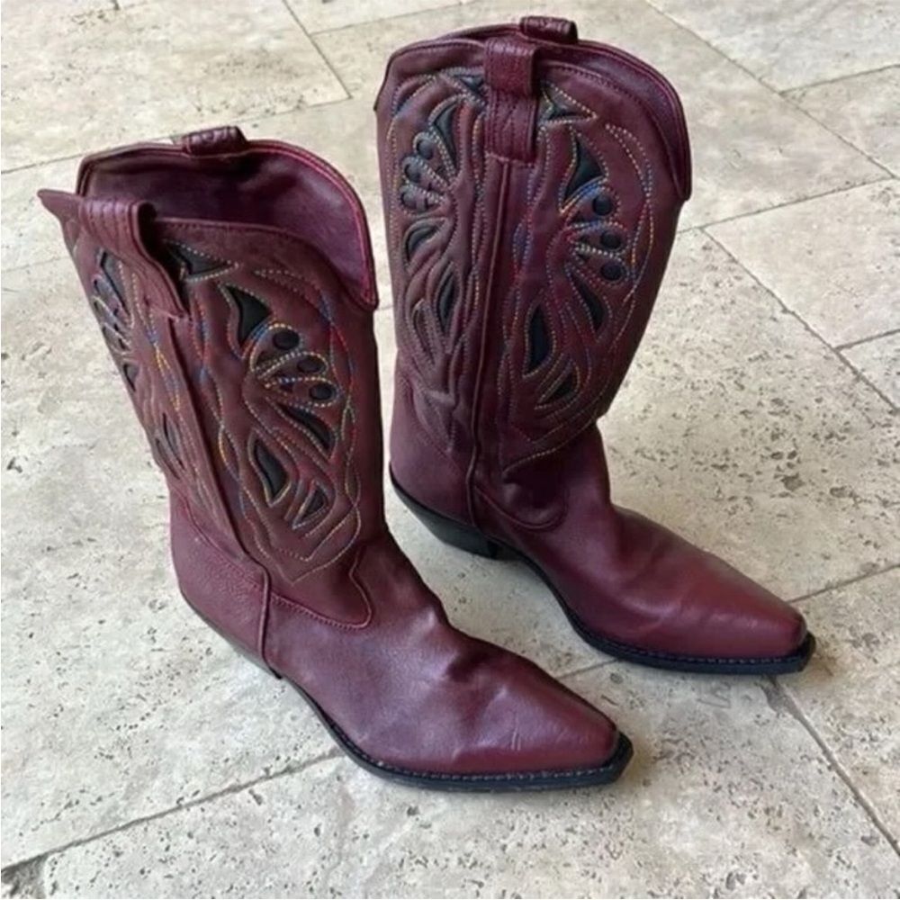 Free People Rancho Mirage Western Boot Burgundy Wine Embroidered Leather US 10